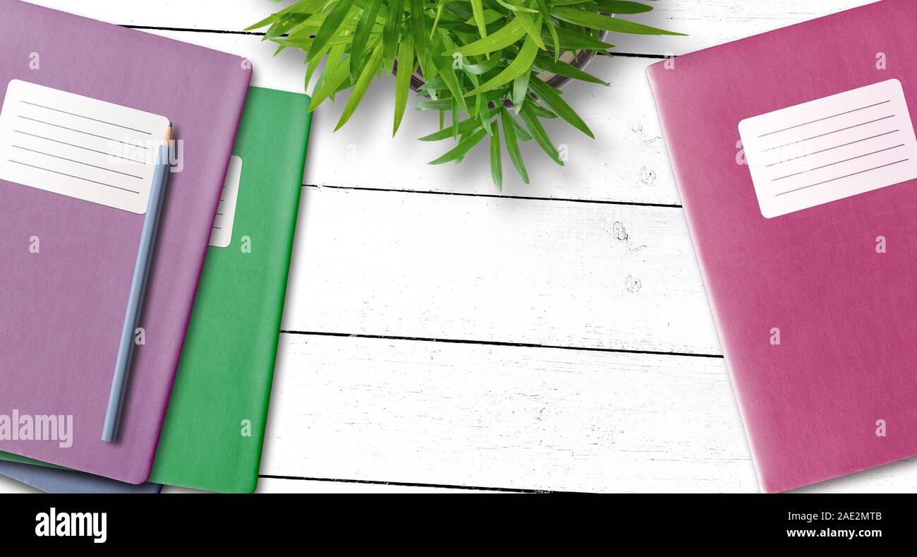 Direttamente sopra il colpo di notebook o di esercitare il libro bianco con etichetta adesiva e matita sulla scrivania con il verde pianta in vaso, il concetto di istruzione Foto Stock