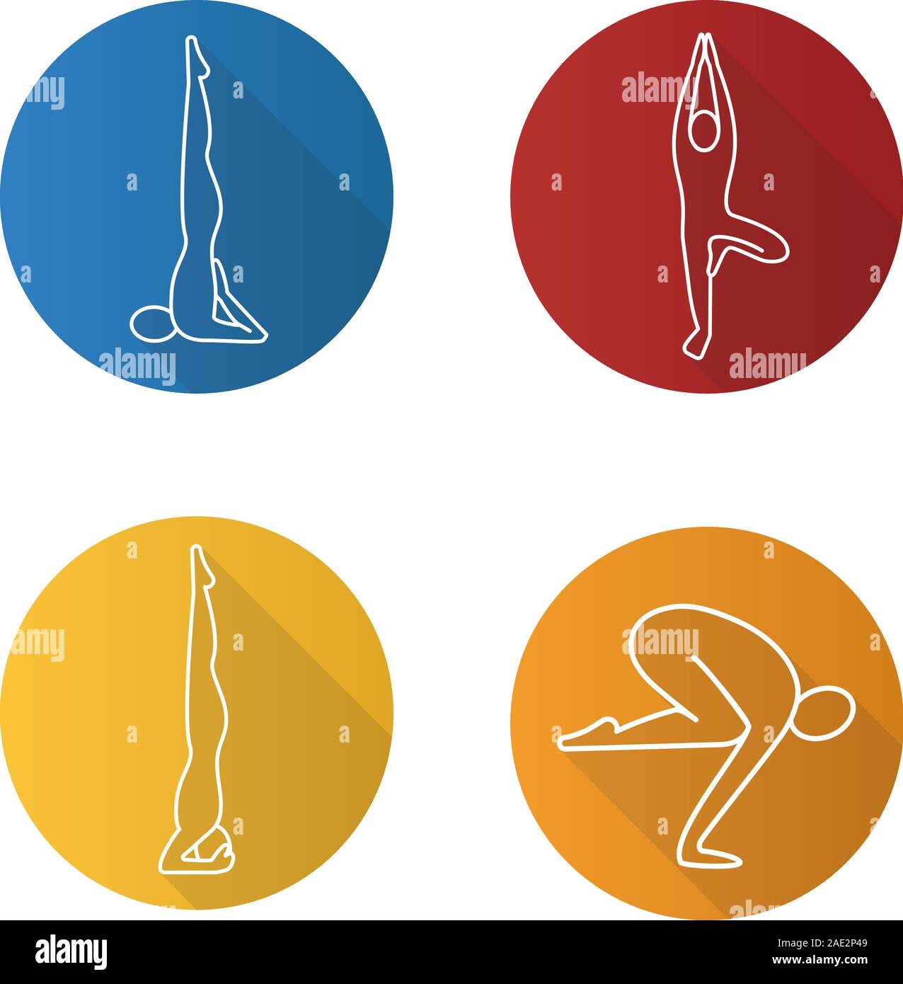 Lo Yoga asana lineare piana lunga ombra set di icone. Sarvangasana, vrikshasana, salamba sirsasana, bakasana. Linea del vettore illustrazione Illustrazione Vettoriale