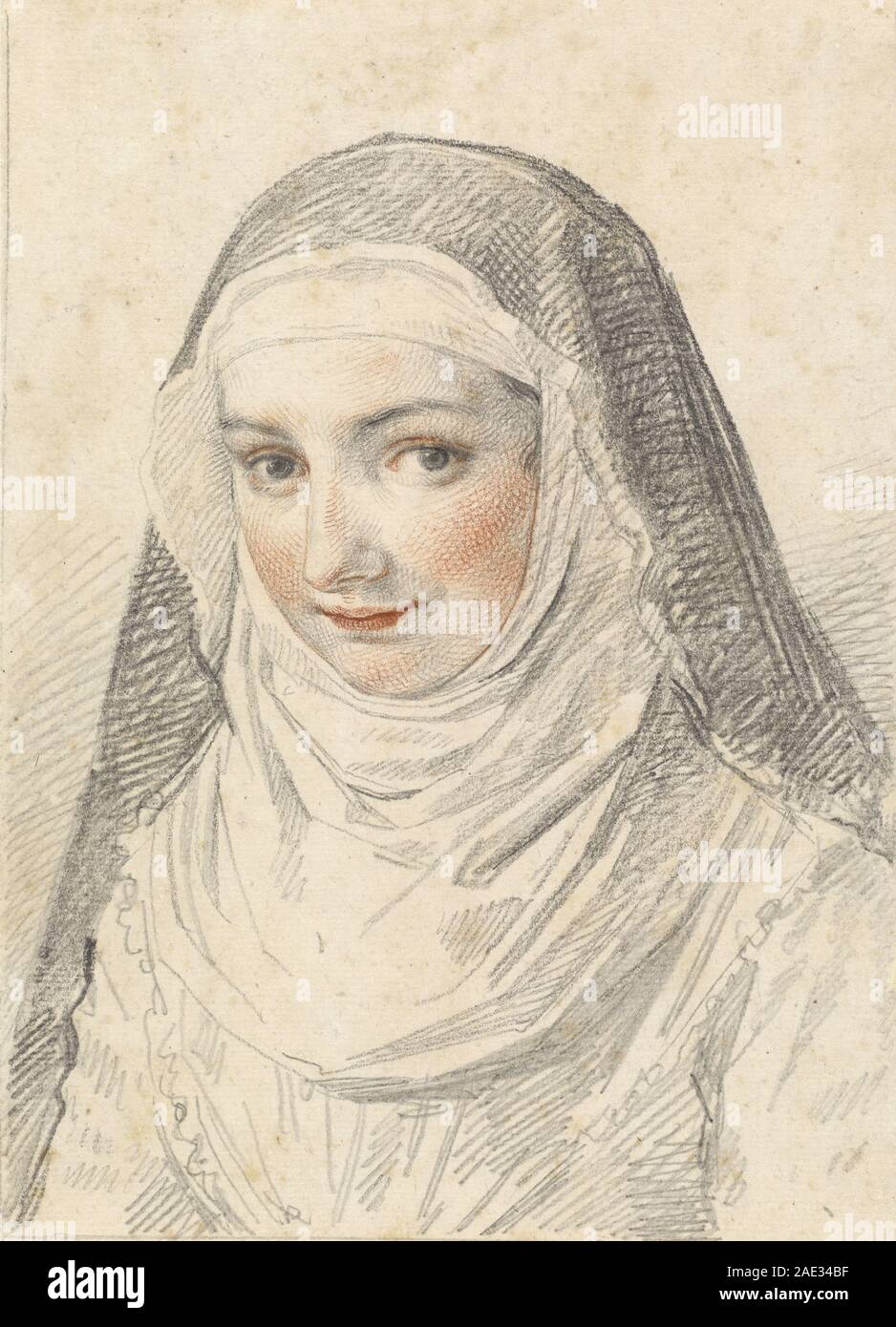 Incisione di Claude Mellan che mostra una giovane suora, evidenziando la sua abitudine religiosa, le caratteristiche facciali e l'espressione devozionale, tipica dell'arte religiosa europea del XVII secolo. Foto Stock