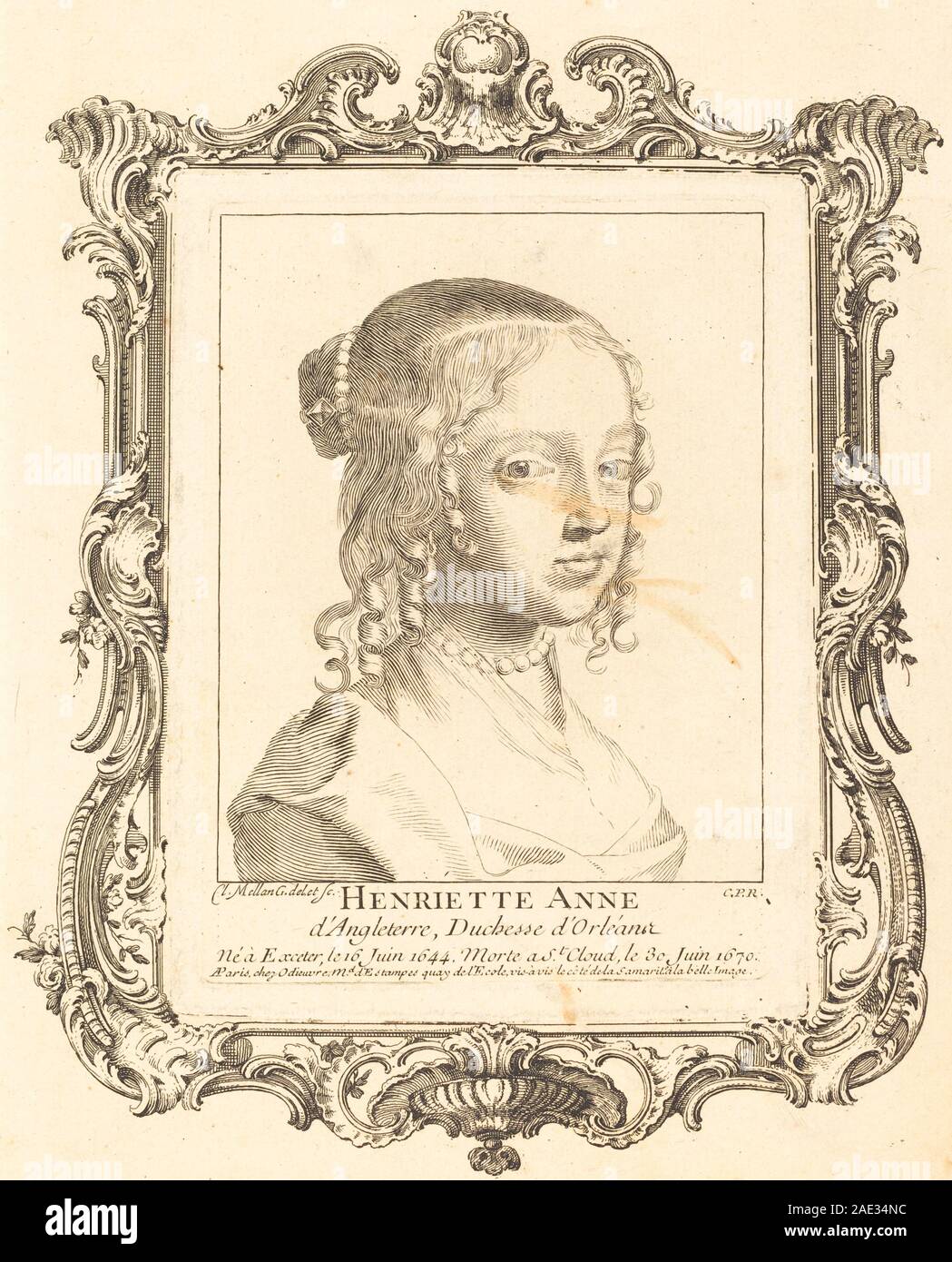 Incisione ritratto di Enrichetta Anna d'Inghilterra, Duchessa d'Orléans, di Claude Mellan, che mostra dettagli facciali, abbigliamento e tecnica di incisione a linee del XVII secolo. Foto Stock