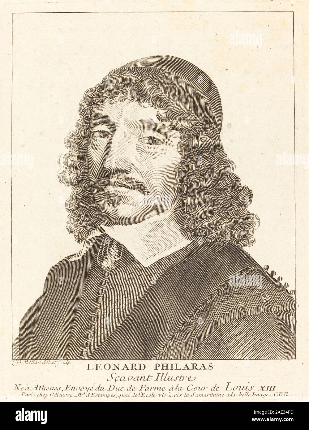Incisione ritratto di Leonardos Philaras di Claude Mellan, evidenziando le sue caratteristiche facciali, l'abbigliamento e la moda accademica europea del XVII secolo. Foto Stock