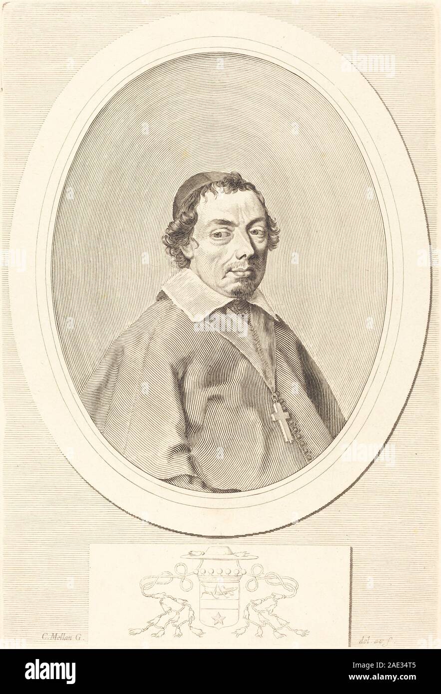 Incisione ritratto di Nicolas Grillet di Claude Mellan, che mette in evidenza tratti facciali, abbigliamento e moda accademica europea del XVII secolo. Foto Stock