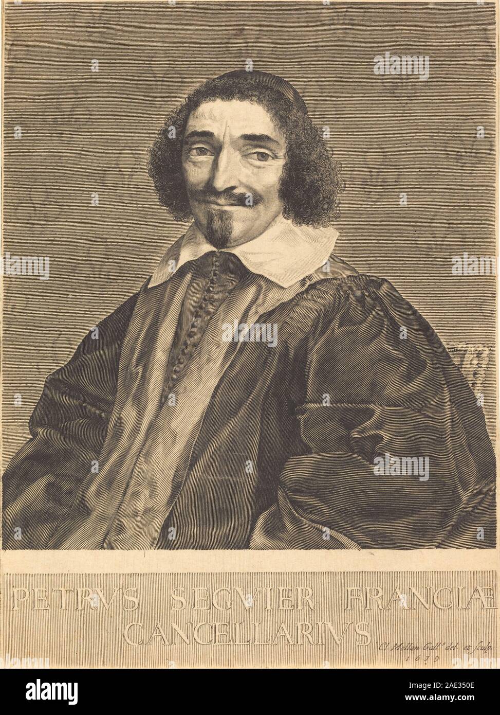 Incisione di Pierre Seguier di Claude Mellan, 1639, che mostra le caratteristiche facciali dettagliate, l'abbigliamento formale e la tecnica di incisione a linee di Mellan del XVII secolo. Foto Stock