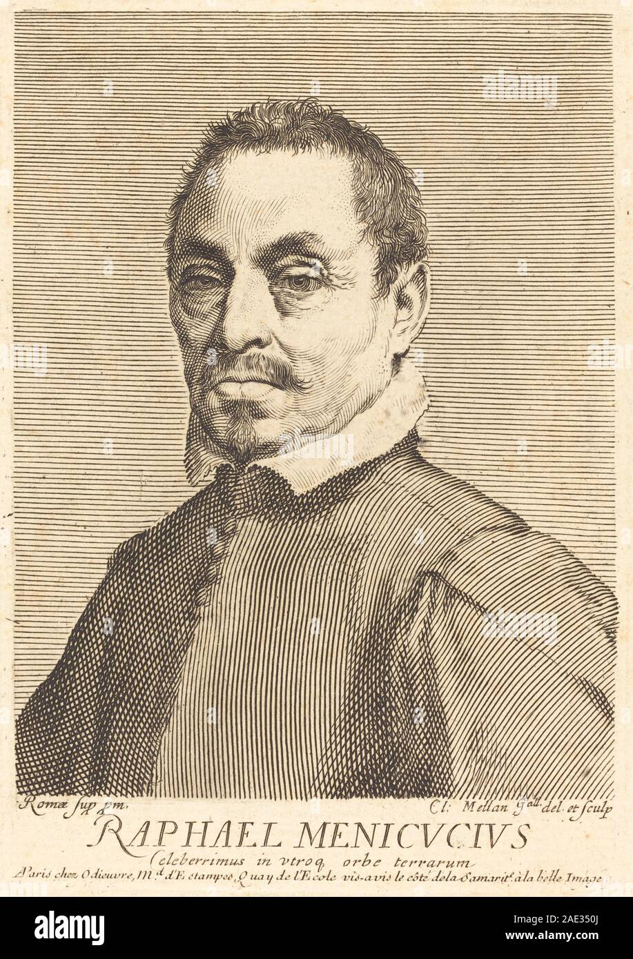 Incisione di Raffaello Menicucci di Claude Mellan, che mostra le caratteristiche facciali, l'abbigliamento e la moda accademica europea del XVII secolo. Foto Stock