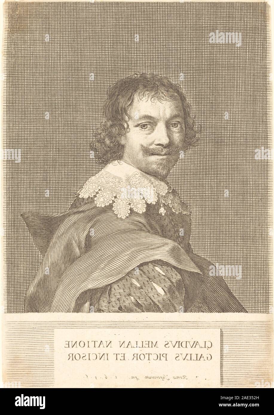 Incisione autoritratto di Claude Mellan del 1635, che mostra le caratteristiche facciali dell'artista, l'acconciatura, l'abbigliamento e la tecnica caratteristica della ritrattistica europea del XVII secolo. Foto Stock