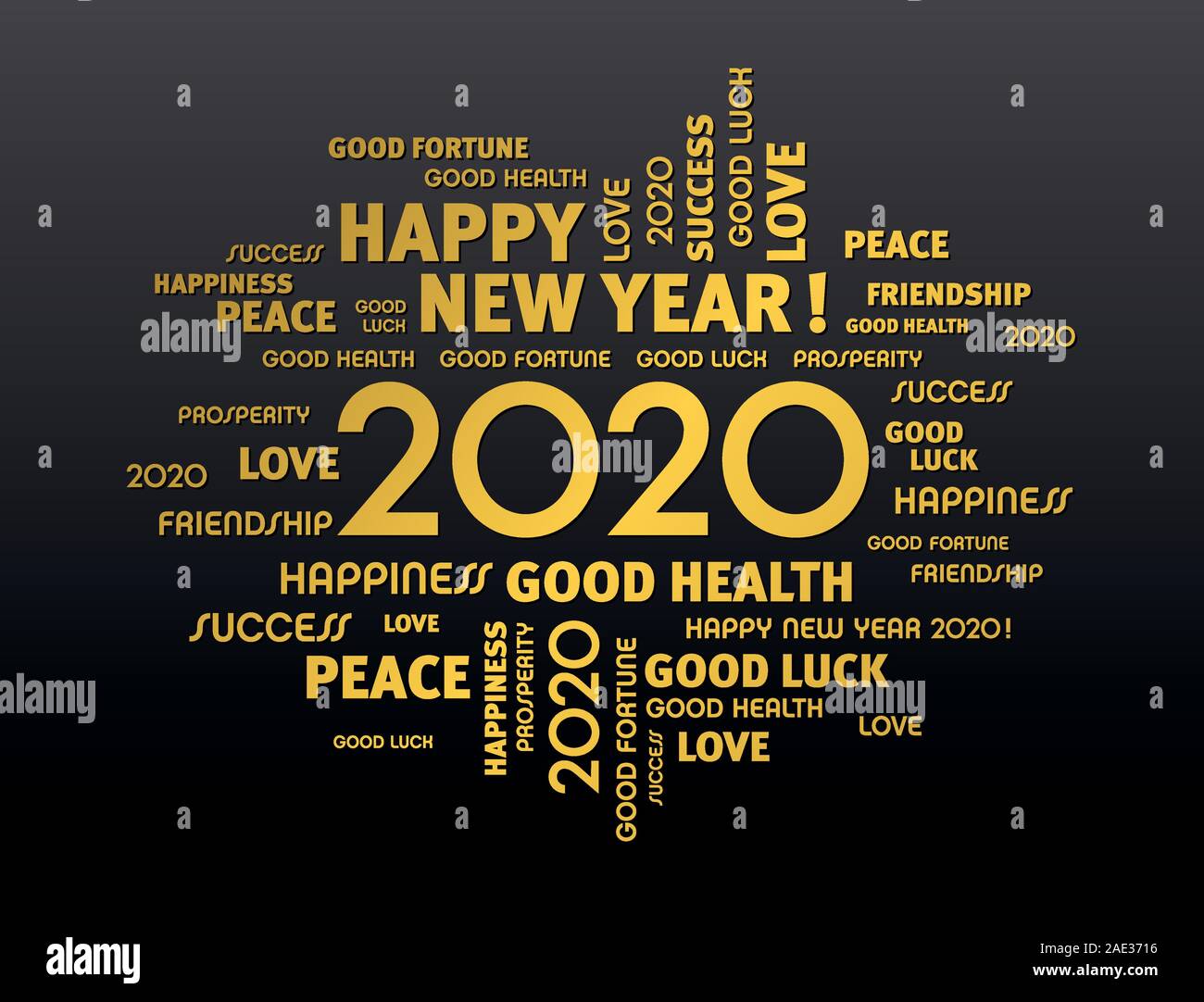 Oro parole di saluto intorno alla nuova data dell'anno 2020, su sfondo nero Illustrazione Vettoriale