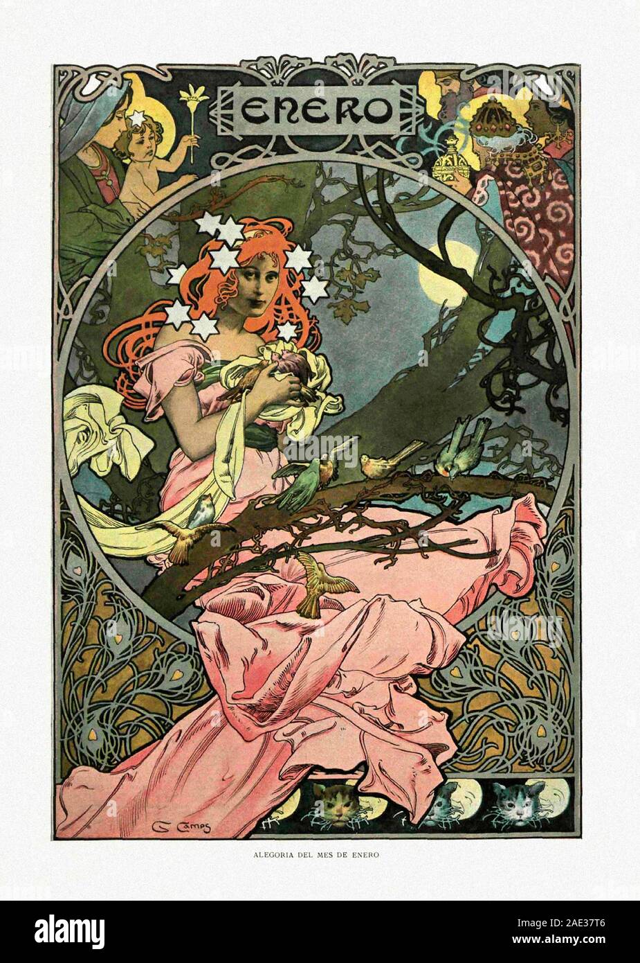 Rappresentazione allegorica delle stagioni in stile Art Nouveau. Allegoria del mese di gennaio. Salone di album. 1901. In Spagna, in Catalogna, Barcellona Foto Stock