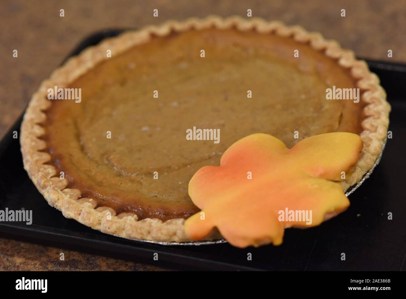 Torta di zucca panificio closeup Display con zucchero decorativo foglia di cookie Foto Stock