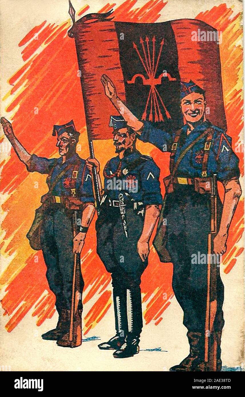 Poster della Falange Española (Falange Spagnolo) spagnola di organizzazione politica di ispirazione fascista. Foto Stock