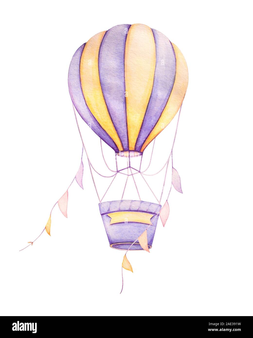 Aria colorato palloncino volare con nastri. Il viola e il giallo. Acquerello. I ragazzi di stampe. Foto Stock