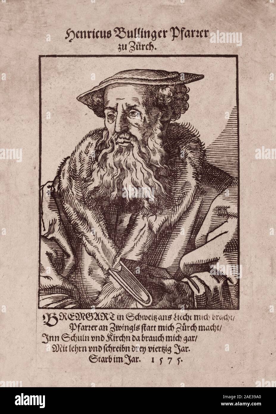 Incisione di Heinrich Bullinger (1504 - 1575), un attivista svizzero, il successore di Huldrych Zwingli come capo della chiesa di Zurigo e pastore a Grossmü Foto Stock