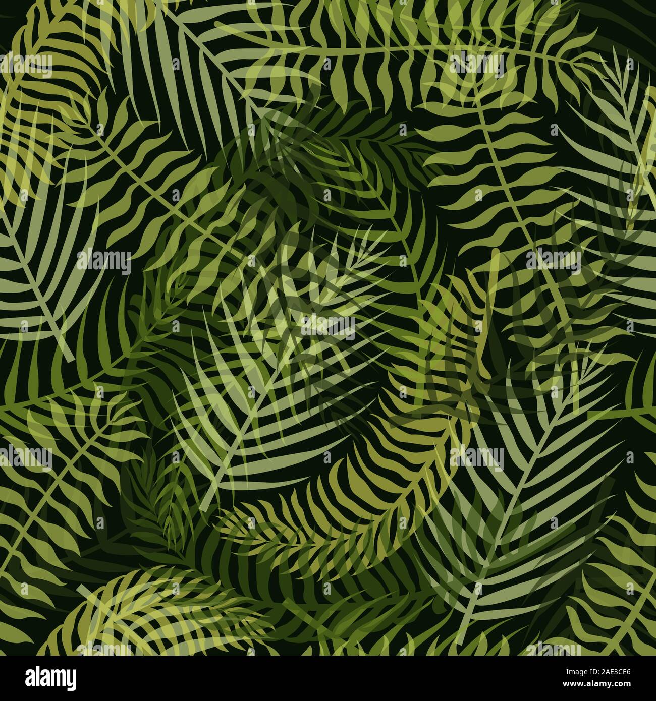 Modello senza cuciture con verde tropicale, lascia sullo sfondo scuro. Illustrazione Vettoriale