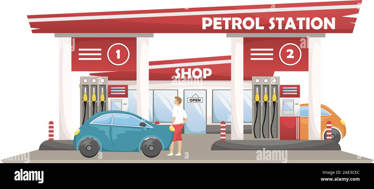 Illustrazione vettoriale di una vettura di stazione di riempimento con un negozio. Auto presso la stazione di benzina Illustrazione Vettoriale
