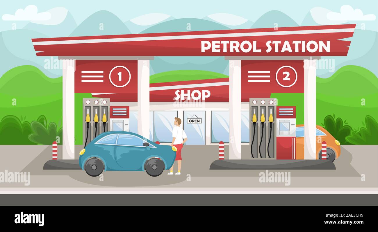 Illustrazione vettoriale di una vettura di stazione di riempimento con un negozio. Stazione di benzina nel lato del paese Illustrazione Vettoriale