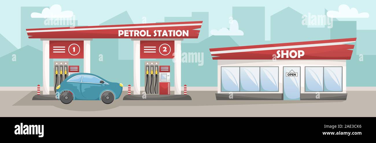 Illustrazione vettoriale di una vettura di stazione di riempimento con un negozio. Auto presso la stazione di benzina Illustrazione Vettoriale