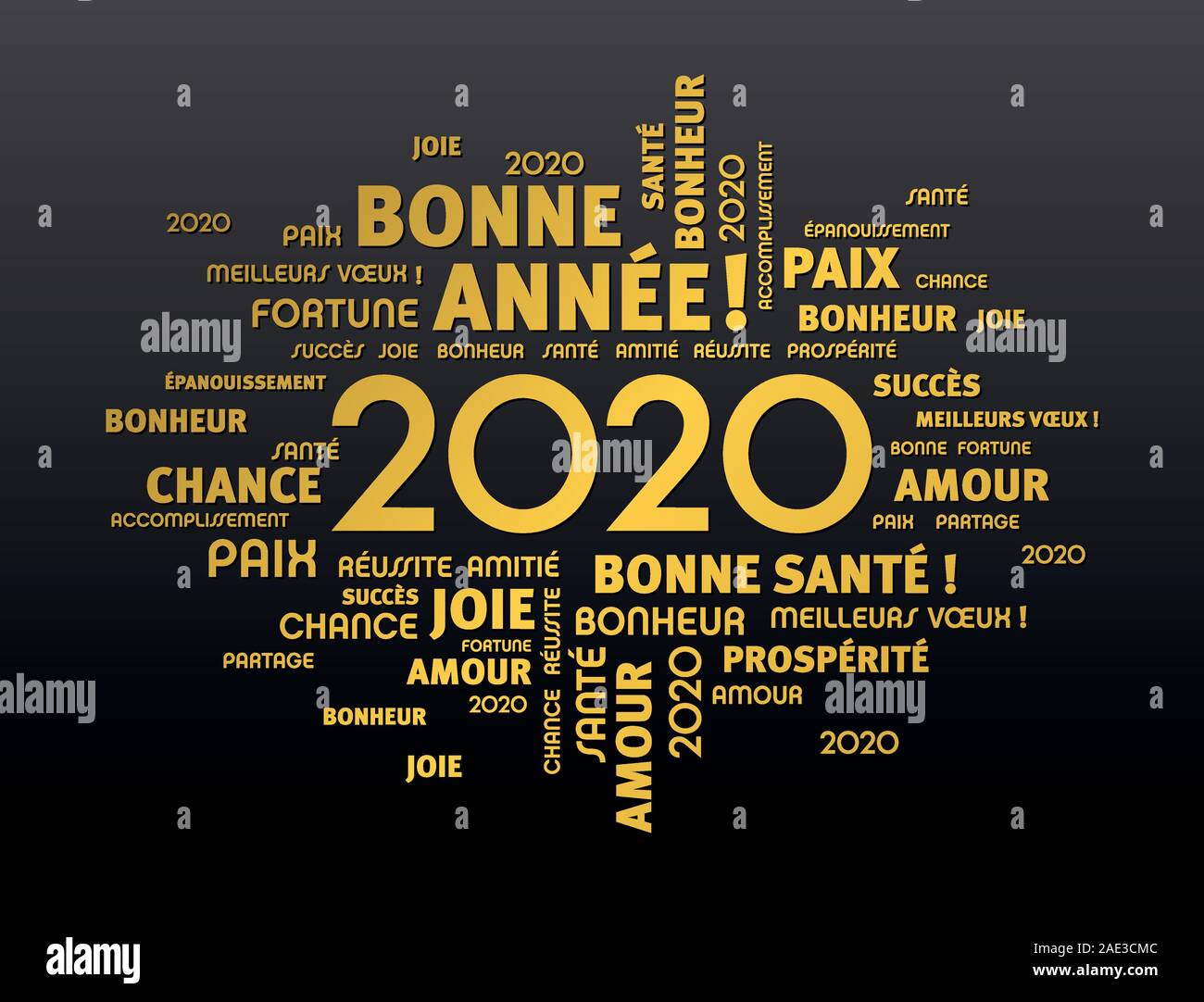 Oro parole di saluto intorno alla nuova data dell'anno 2020, in lingua francese, su sfondo nero Illustrazione Vettoriale