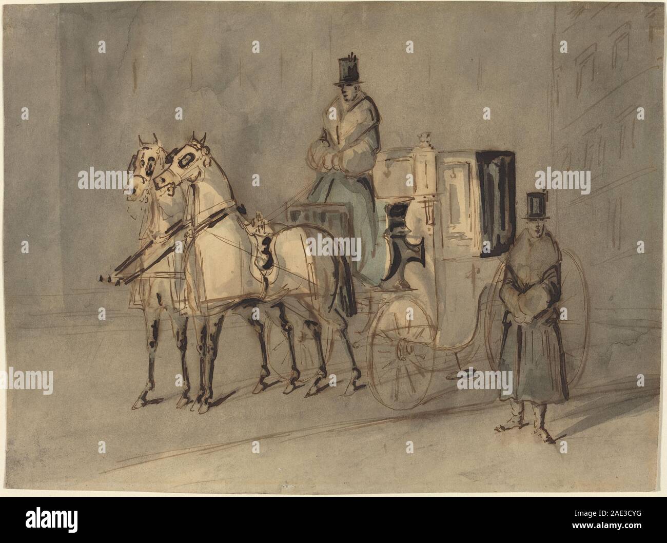 In questo dipinto del XIX secolo di Constantin Guys, una carrozza trainata da cavalli che trasporta un autista e uno sposo viaggia attraverso un paesaggio autunnale. Gli alberi con fogliame autunnale fiancheggiano il percorso e le foglie cadute suggeriscono un cambiamento stagionale. Le figure indossano abiti adatti al periodo e la luce suggerisce una tranquilla scena pomeridiana di mobilità rurale o suburbana. Foto Stock