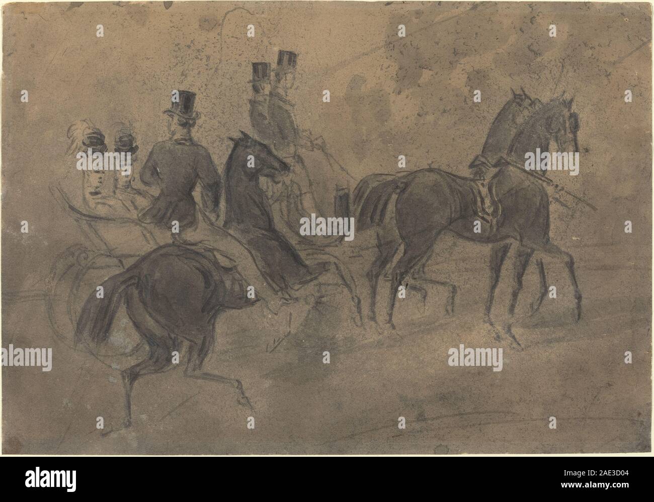 Dipinto di Constantin Guys raffigurante una carrozza aperta con passeggeri, evidenziando la struttura della carrozza, le ruote, le figure e la strada o il paesaggio circostante. Foto Stock