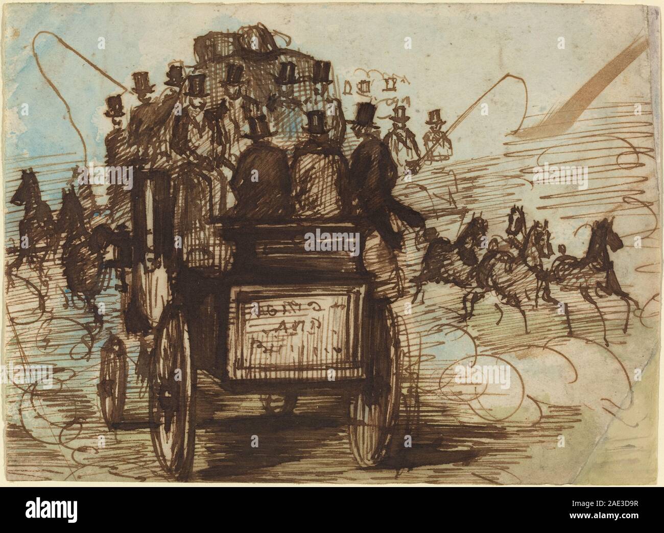 Dipinto di Constantin Guys, il Brighton Coach, raffigurante un pullman trainato da cavalli che viaggia su una strada con passeggeri, mostrando i dettagli del viaggio e del trasporto del XIX secolo. Foto Stock