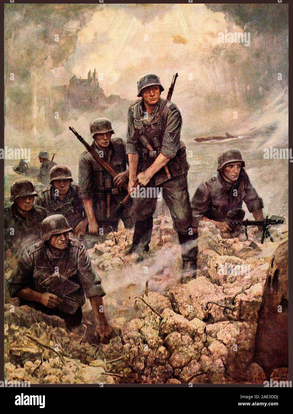 Nazista cartolina tedesco 'attraversando il Reno superiore' da Wilhelm Sauter, Karlsruhe. 1940s Foto Stock