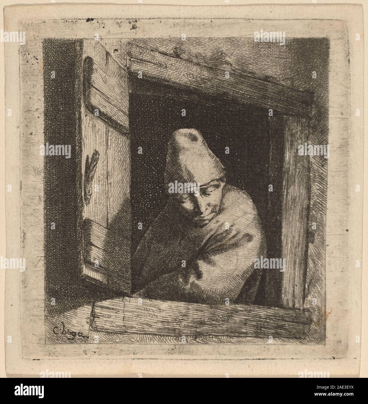 Dipinto di Cornelis Bega che mostra un contadino seduto ad una finestra, con abiti dettagliati, postura e interni interni interni tipici della pittura di genere olandese del XVII secolo. Foto Stock