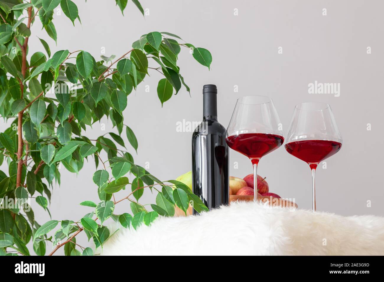 Bottiglia scura e due bicchieri di vino rosso sul tavolo in cucina moderna,  lampade sopra il tavolo, il verde delle foglie di albero. Copyspace. Posto  per testo, scritte, adve Foto stock -