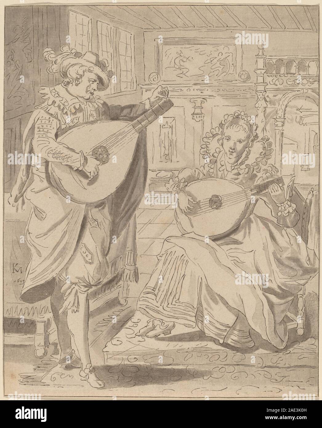 Questa stampa del 1772 su disegno di Karel van Mander i, eseguita da Cornelis Ploos van Amstel e Bernhard Schreuder, raffigura un gruppo di musicisti e compagnia in un interno con costumi d'epoca, strumenti musicali e spazio riccamente arredato caratteristico della incisione olandese del XVIII secolo. Foto Stock