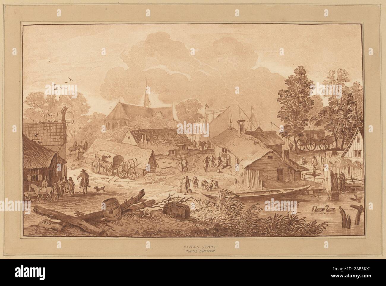 Villaggio con laghetto; circa 1782 data Cornelis Ploos van Amstel e Cornelis Brouwer dopo Allart van Everdingen, villaggio con stagno, c 1782 Foto Stock