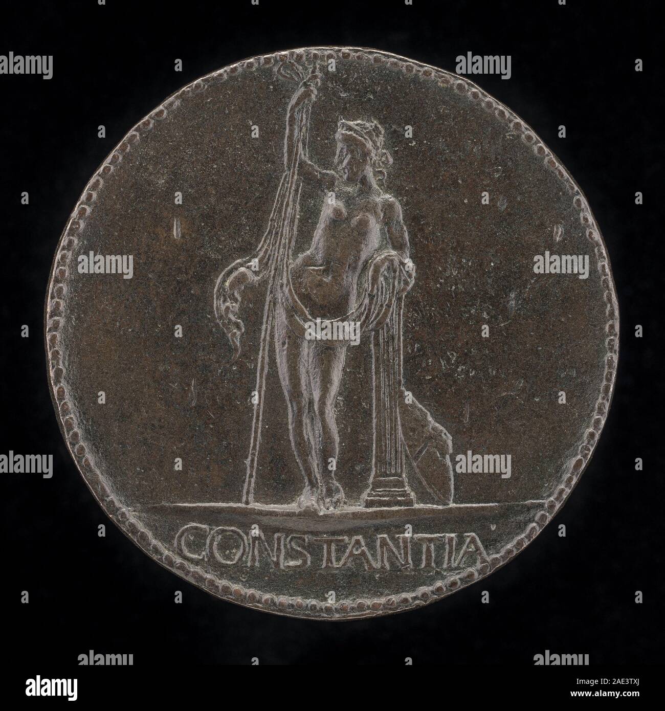 Un'incisione di Cristoforo di Geremia che mostra l'immagine inversa della costanza appoggiata su un bastone e una colonna, raffigurante la classica figura allegorica, la postura e l'equilibrio compositivo. Foto Stock