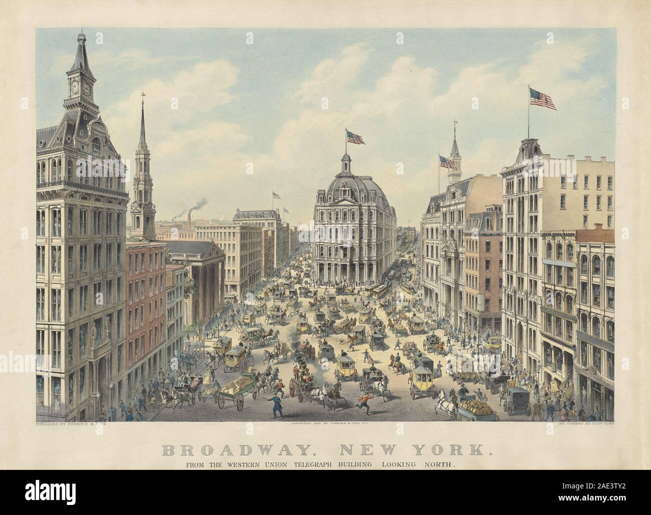 Questa vista del 1875 di Broadway a New York City, vista dal Western Union Telegraph Building, raffigura il paesaggio urbano con edifici commerciali, veicoli trainati da cavalli e pedoni tipici del tardo XIX secolo. Foto Stock