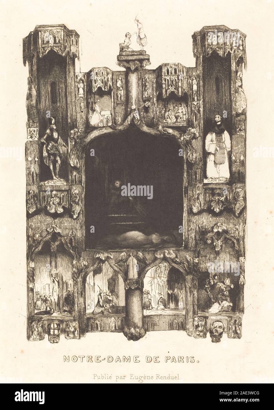 Incisione di Célestin Nanteuil, 1832, che mostra la cattedrale di Notre-Dame de Paris con torri, guglie, rosone, dettagli della facciata e contesto urbano circostante, che riflette la rappresentazione architettonica francese dell'inizio del XIX secolo. Foto Stock