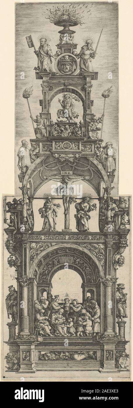 Un'incisione del 1518 di Daniel Hopfer raffigurante un altare trionfale con più fasi della vita di Cristo, che mostra figure religiose, elementi architettonici e composizione rinascimentale. Foto Stock