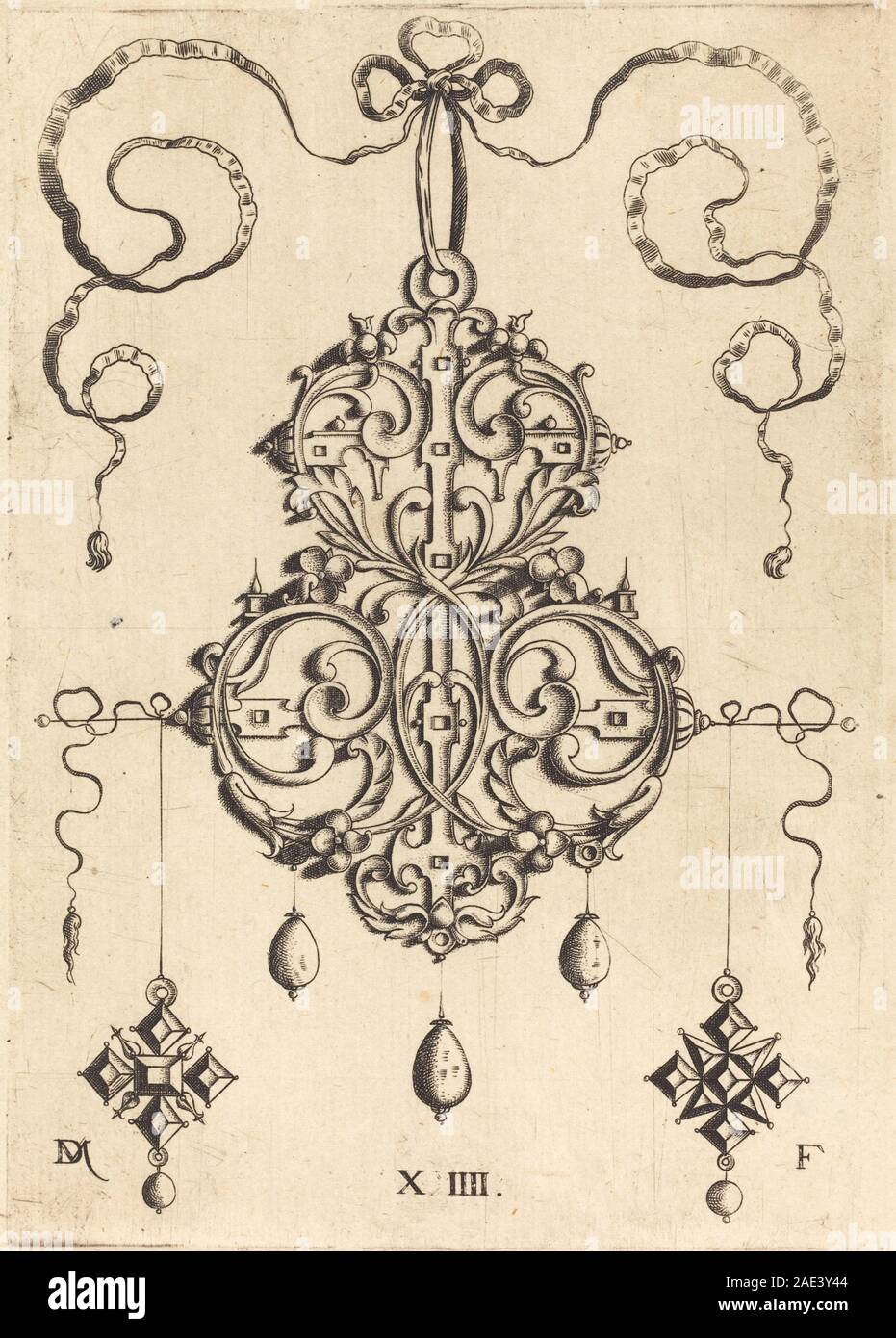 Questo gioiello decorativo di Daniel Mignot presenta un design a strappo con tre elementi a forma di goccia e due pendenti a forma di croce, indossati come orecchini sui lati sinistro e destro, mettendo in risalto le tecniche di lavorazione dei metalli ornamentali del XVII secolo e la disposizione simmetrica. Foto Stock