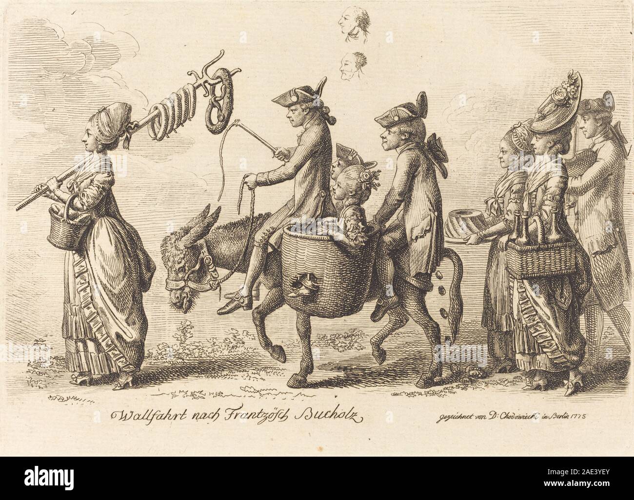 Un'opera d'arte del 1775 di Daniel Nikolaus Chodowiecki che mostra i pellegrini che viaggiano verso Bucholz francese, raffigurata con figure che camminano nei dintorni del paesaggio. Foto Stock