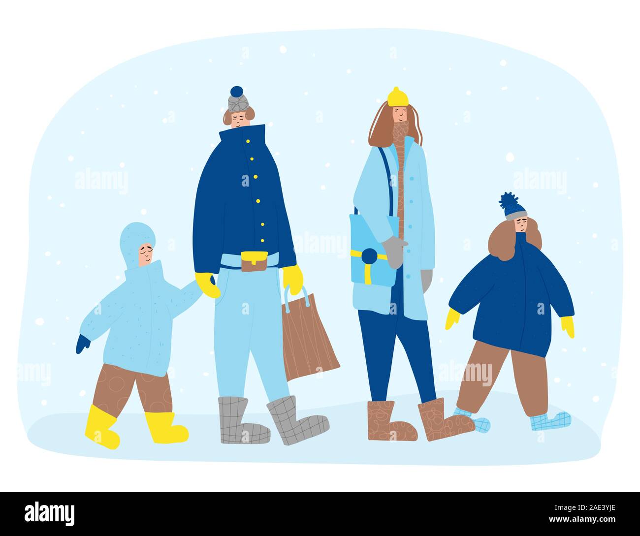 La famiglia dei personaggi vestiti in caldi abiti alla moda a piedi di nevicate invernali. I genitori e i bambini di andare con shopping bag. Vettore piana a colori cartoon illus Illustrazione Vettoriale