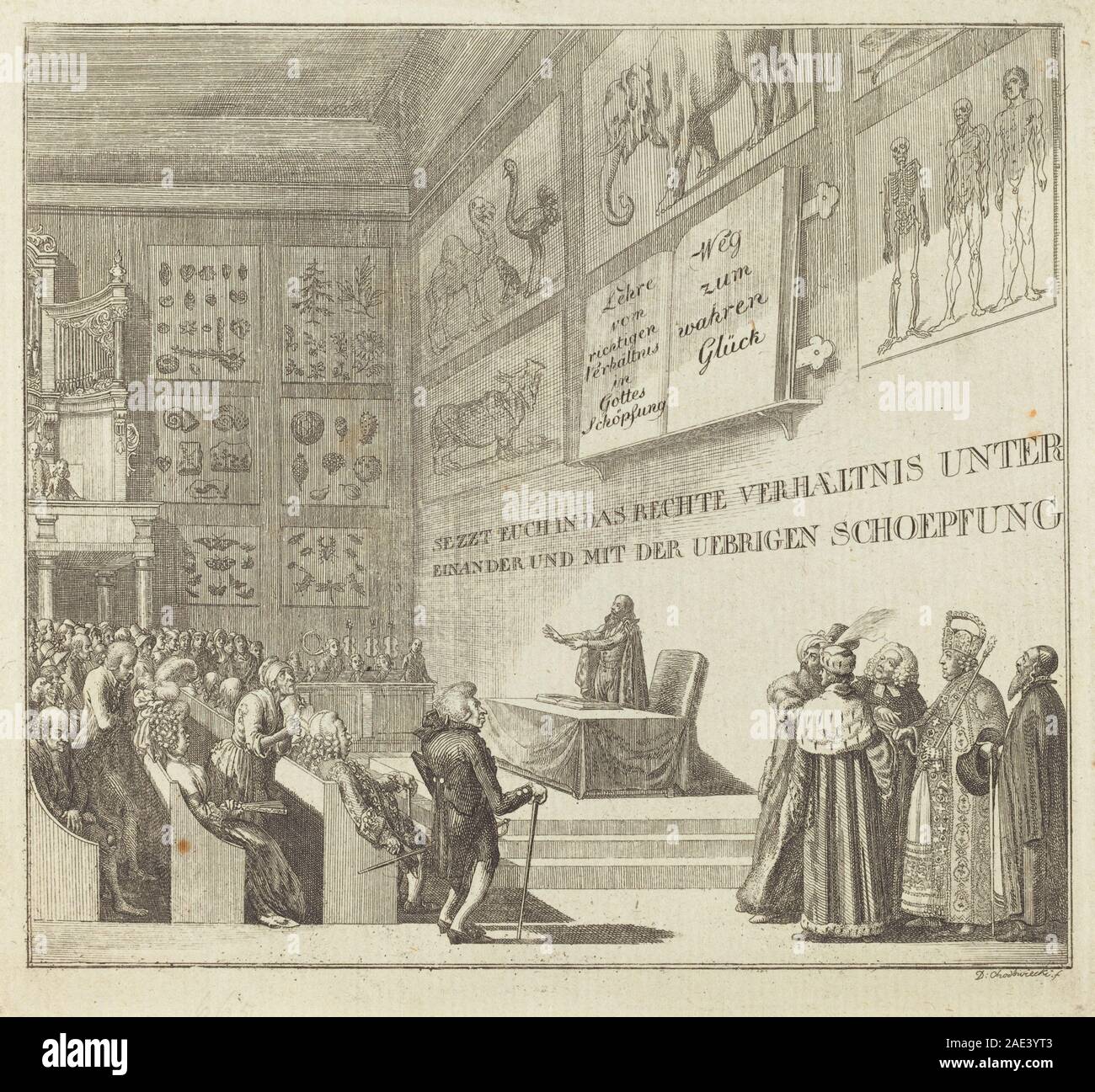 Un'illustrazione del 1791 di Daniel Nikolaus Chodowiecki raffigurante una persona o un gruppo impegnato in attività contemplative o istruttive sulla felicità. Foto Stock