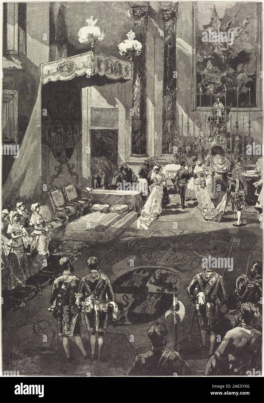 Un'opera d'arte del 1882 di Daniel Vierge raffigurante la nascita di un bambino, che mostra una madre con un bambino e figure circostanti in un ambiente domestico o simbolico. Foto Stock