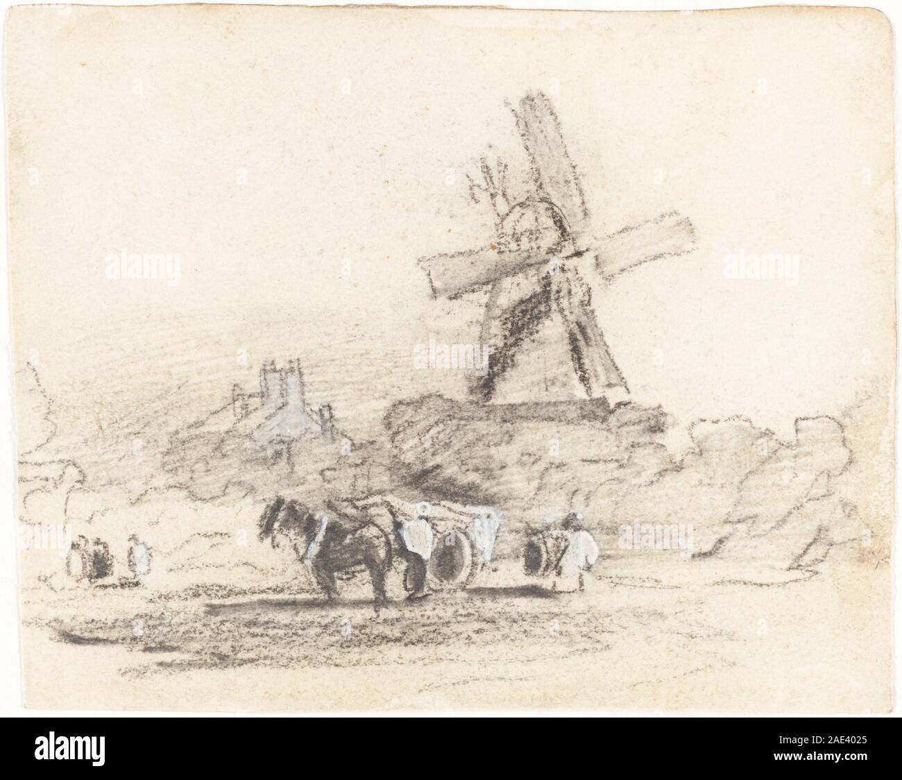 Acquerello di David Cox raffigurante un carro con due cavalli vicino a un mulino a vento. L'opera mostra la vita rurale, il trasporto, l'anatomia animale ed elementi paesaggistici, illustrando la tecnica inglese dell'acquerello dei primi anni del XIX secolo. Foto Stock