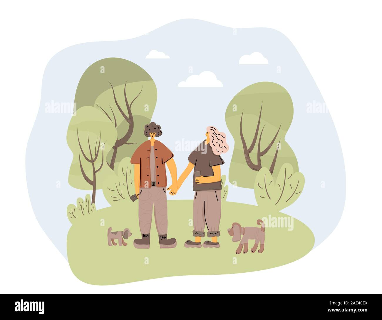 Dog walkers. Proprietari in piedi con gli animali domestici. Coppia giovane di andare al parco. Vettore illustrazione piana. Illustrazione Vettoriale