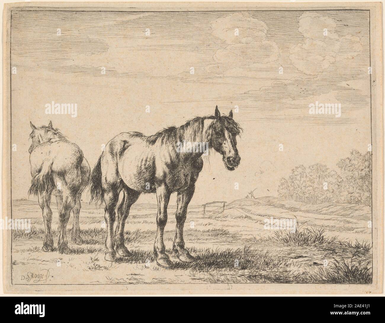 Due cavalli Aratro in piedi in un campo; 1651data Dirck Stoop, due cavalli Aratro in piedi in un campo, 1651 Foto Stock