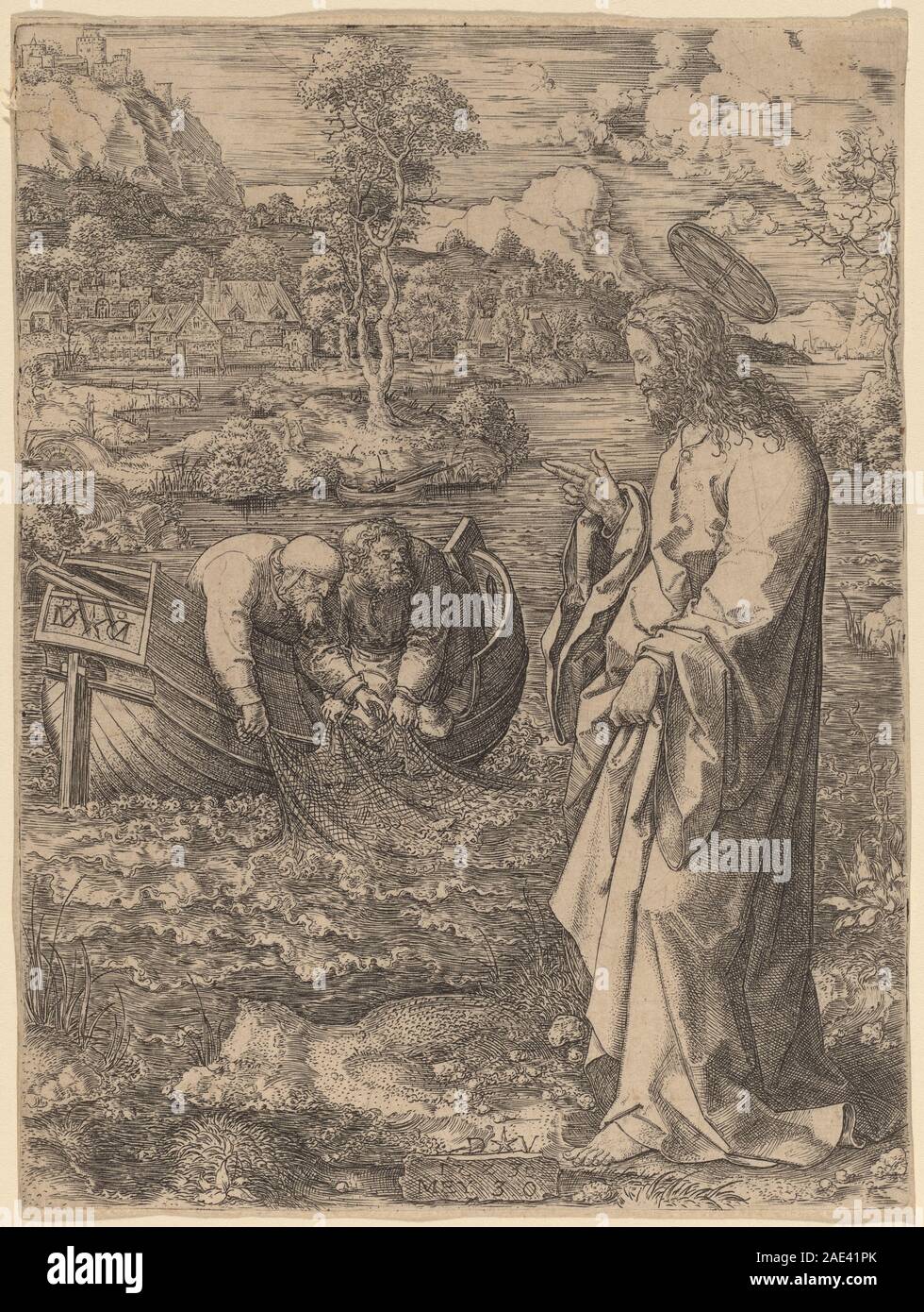 Incisione di Dirk Jacobsz Vellert del 1523 raffigurante Cristo che chiama Pietro, mostrando due figure bibliche centrali, gesti, espressioni e composizione narrativa religiosa. Foto Stock