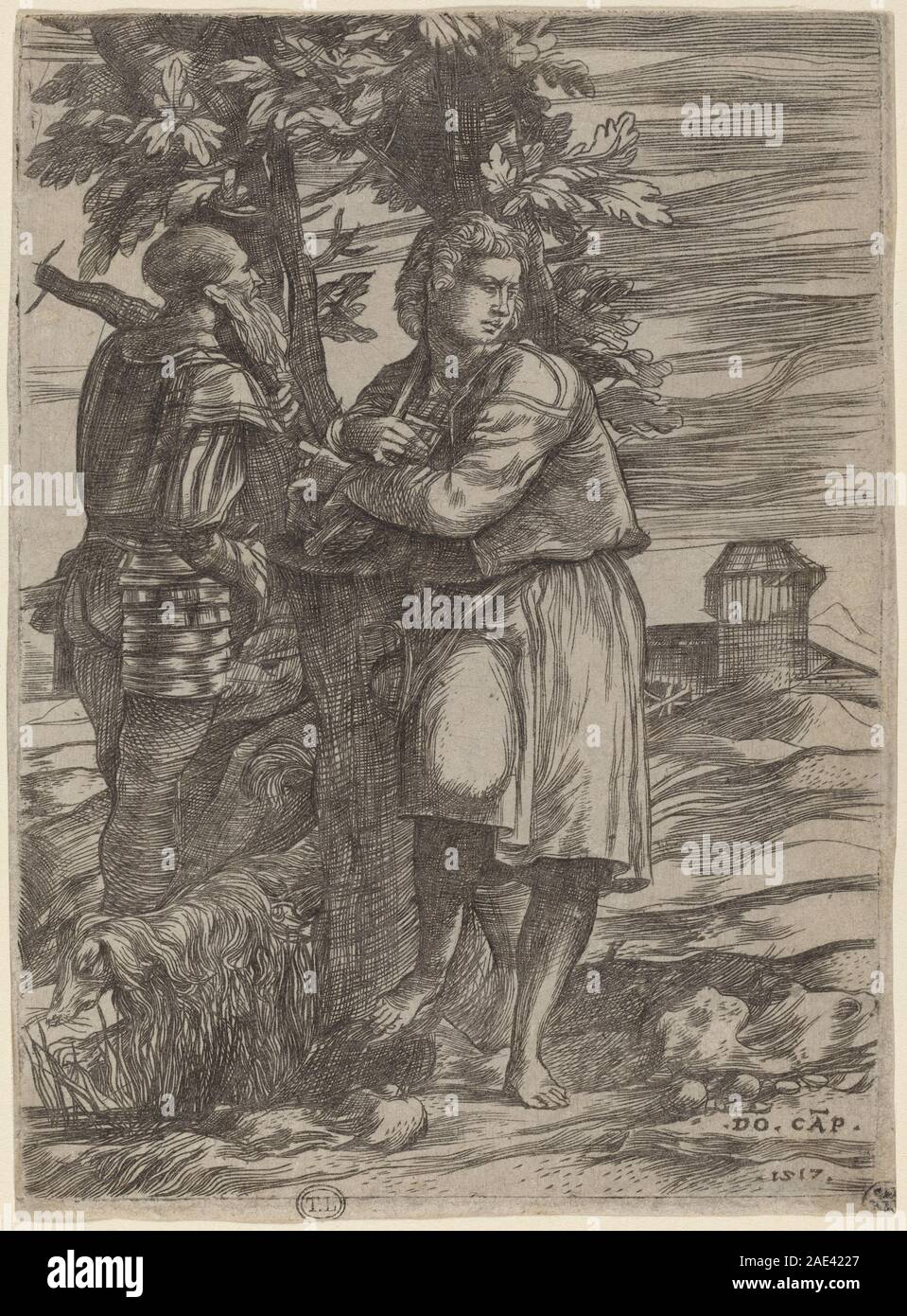 Questa incisione, il Pastore e il Vecchio Guerriero, creata da Domenico Campagnola nel 1517, raffigura una scena pastorale con un pastore e un anziano guerriero. La composizione enfatizza l'incisione italiana all'inizio del XVI secolo, l'interazione tra figure ed elementi paesaggistici. Foto Stock