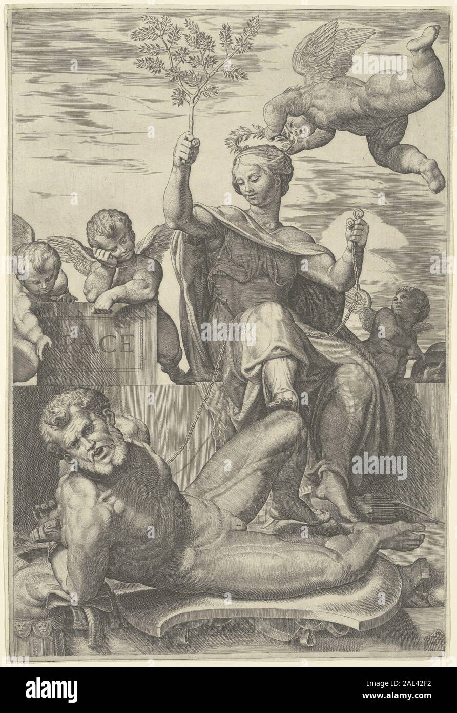 Incisione di Domenico Tibaldi del 1560 circa che mostra una rappresentazione simbolica della pace attraverso figure, gesti ed elementi classici, enfatizzando l'armonia e la composizione artistica. Foto Stock