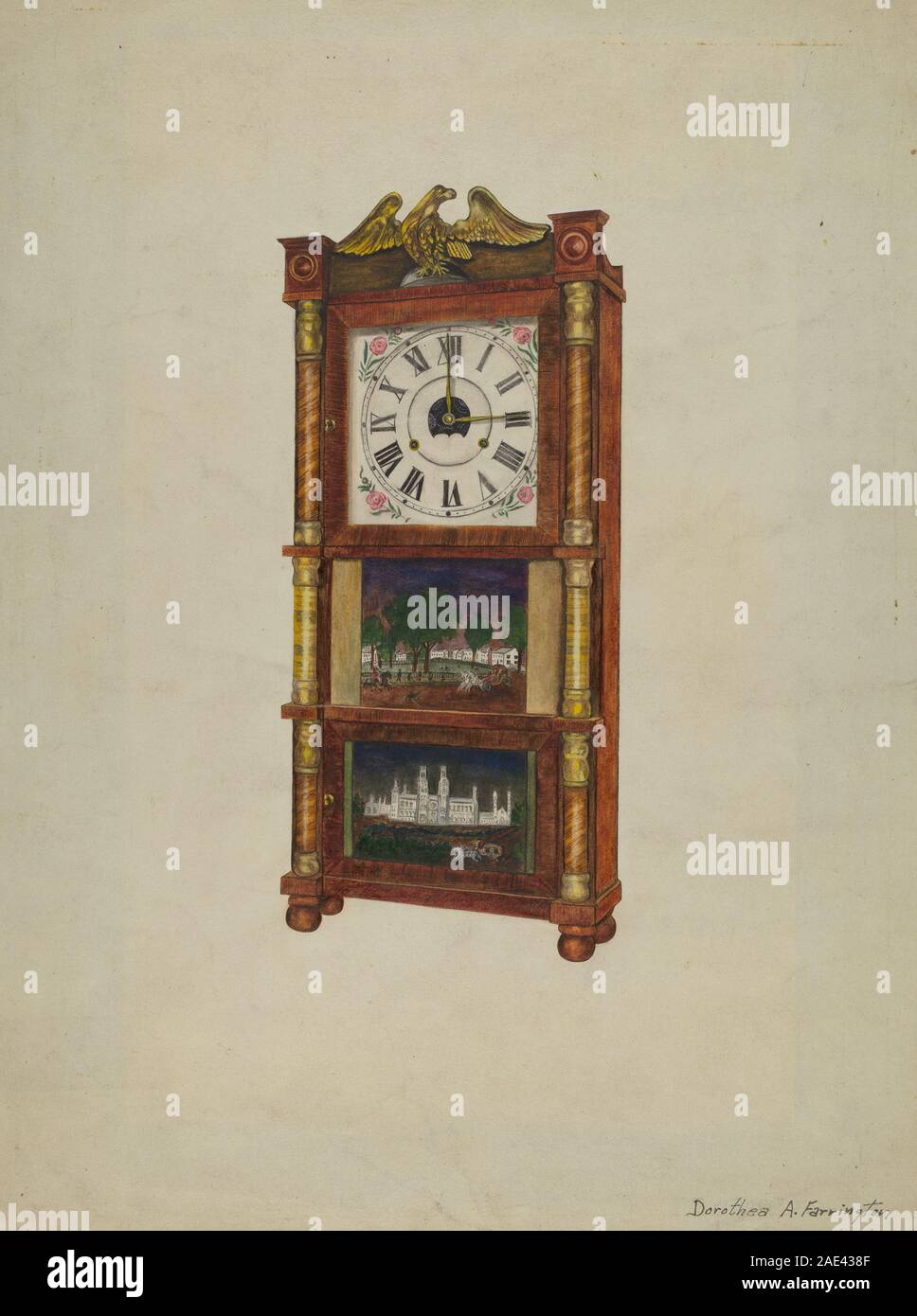 Un orologio creato intorno al 1939 da Dorothea A. Farrington, caratterizzato da movimento meccanico, quadrante dell'orologio, lancette e involucro per scopi di cronometraggio. Foto Stock