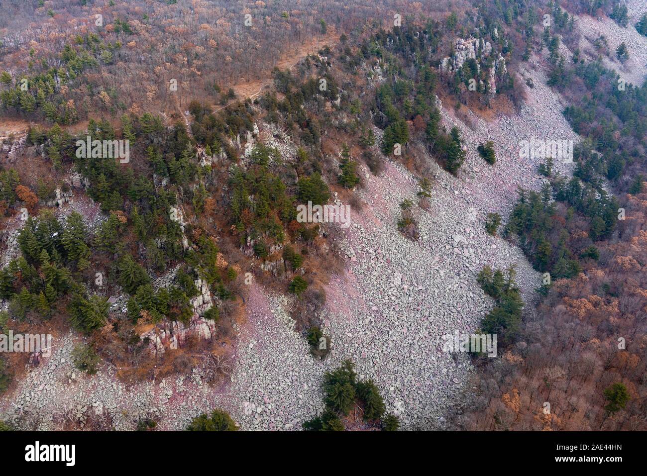 Fotografia aerea di Devil's Lake State Park, vicino a Baraboo, Sauk County, Wisconsin, Stati Uniti d'America. Foto Stock