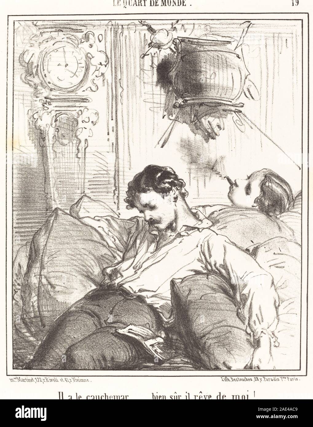 Un'illustrazione di Edouard de Beaumont raffigurante una figura che vive un incubo, mostrando espressione facciale, postura e composizione narrativa. Foto Stock