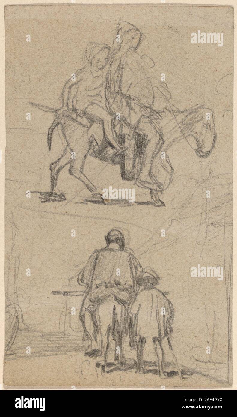 Un dipinto di Elihu Vedder intorno al 1859 che mostra un padre e un figlio che camminano con un asino, raffigurando scene rurali, figure umane, anatomia animale, paesaggio, abbigliamento, luce naturale e stile di pittura di genere americano della metà del XIX secolo. Foto Stock