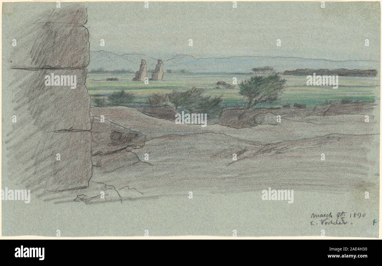 Viaggio sul Nilo, n. 15, dipinto da Elihu Vedder nel 1890, raffigura una scena fluviale lungo il Nilo con barche, vegetazione e figure, illustrando paesaggi egiziani e viaggi nel tardo XIX secolo. Foto Stock