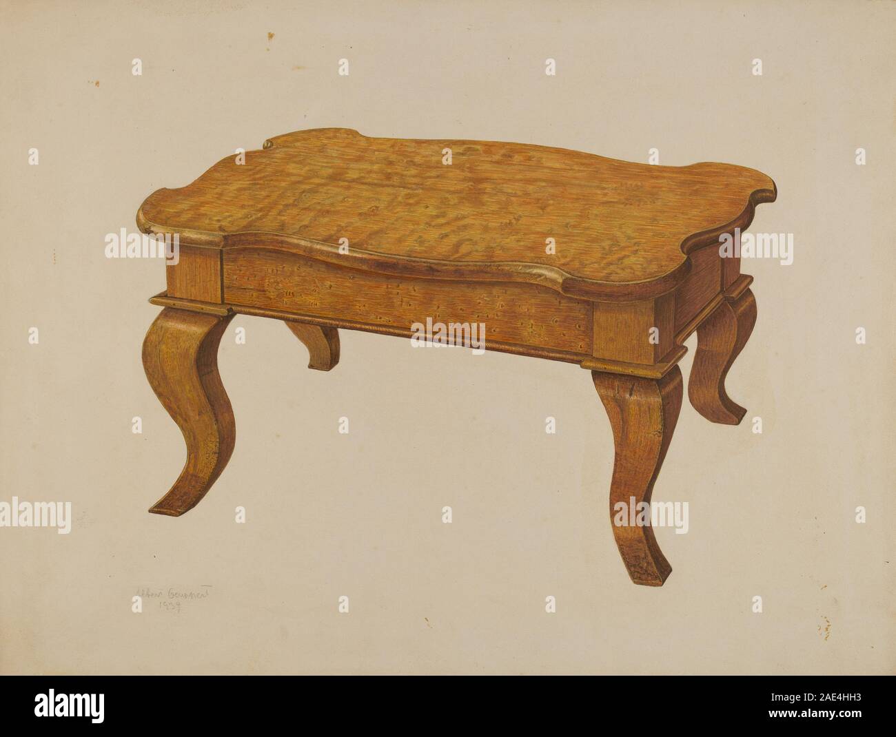 Lo sgabello creato nel 1939 da Albert Geuppert è un mobile basso e imbottito progettato per riposare i piedi, che mostra la maestria artigianale del legno e dei tessuti. Foto Stock