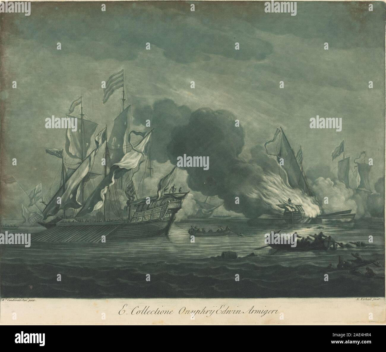 L'incisione degli anni '1720 di Elisha Kirkall dopo che Willem van de Velde raffigura una scena marittima con più navi, enfatizzando scafi, vele, attrezzature, acqua, e caratteristiche di sfondo costiero. Foto Stock